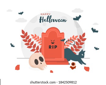 Illustration Of RIP Stone with Scary Cat, Skull, Leaves and Bats Flying on White Background for Happy Halloween Celebration.