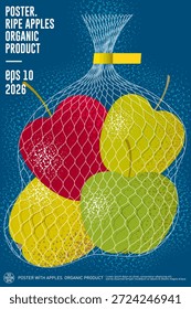 Illustration ripe multicolor apples in netting bag. Poster with fruits in retail sale. 