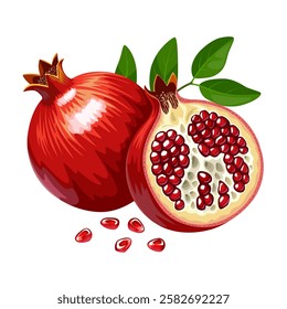 Illustration of ripe pomegranate, whole and halved, with green leaves, scientific name Punica granatum, isolated on white background.