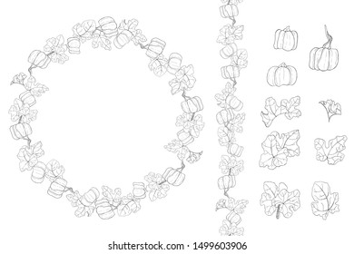 Illustration with ripe pumpkin and leaves. Autumn vector black and white wreath and seamless brush. Interesting silhouette for your zenart or coloring book. Template for greeting card.