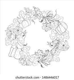 Illustration with ripe pumpkin, leaves, bud, stems and flowers. Autumn vector wreath of black and white elements. Interesting silhouette for your zenart or coloring book. Template for greeting card.