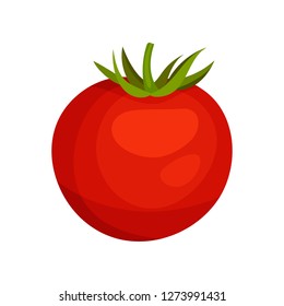 Illustration of ripe red tomato. Fresh vegetable. Organic farm product. Natural and healthy food. Graphic element for ketchup packaging. Cartoon vector design.