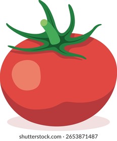 Ilustração de um tomate maduro e vermelho com um caule verde, representado em um estilo vetor simples e plano contra um fundo branco.
