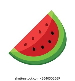 Illustration of a ripe watermelon slice with black seeds on white background