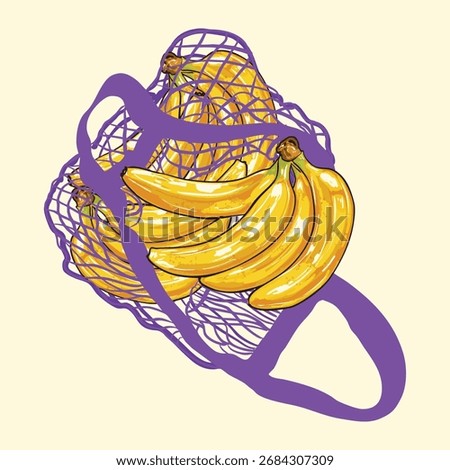 Illustration of ripe yellow bananas inside a purple eco mesh bag. Perfect for tropical fruit art, organic food themes, healthy lifestyle projects, botanical design, and kitchen wall decor.