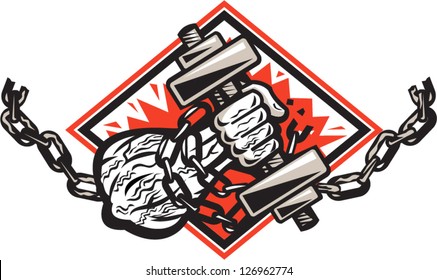 Illustration of a ripped strongman hand bursting through with dumbbells bound in chains breaking them facing front set inside diamond done in retro style.