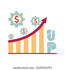 Ilustração de um gráfico de barras ascendente com uma seta vermelha simbolizando o crescimento financeiro. Engrenagens com sinais de dólar são colocadas em torno do gráfico, enfatizando o conceito de progresso econômico e tendências ascendentes