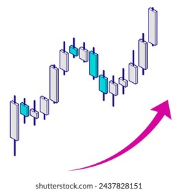 Illustration of a rising chart, isometric material about forex, investment. Image of rising right and success. Illustration with main lines.