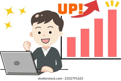 An illustration of a rising graph and a happy man Grades and performance improvement