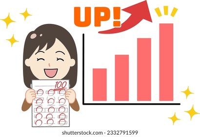 Illustration of a rising graph and a student who is pleased with the grade improvement