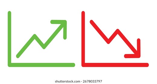 Illustration of rising green chart and falling red chart arrows, symbolizing financial growth, decline, and market trend analysis.