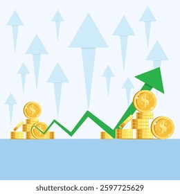 Illustration of a rising green indicator and an increase in gold coins. The concept of making profits and financial wealth.