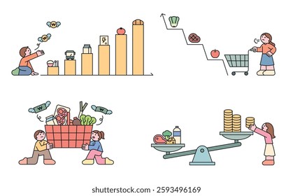 Illustration of rising living costs, inflation, food prices, and economic struggles. Concept of financial burden, grocery expenses, and cost of living.