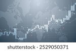 Illustration of a rising stock market. Financial bar chart, candlestick, bond data, and upward-sloping graph on a world map background. Improved business information and economic growth data