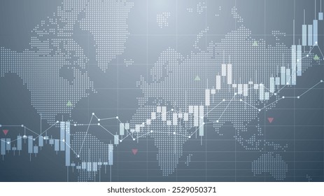 Ilustración de un mercado de valores en alza. Gráfico de barras financieras, candelabro, datos de bonos y gráfico de pendiente ascendente en un fondo del mapa mundial. Mejora de la información empresarial y de los datos de crecimiento económico