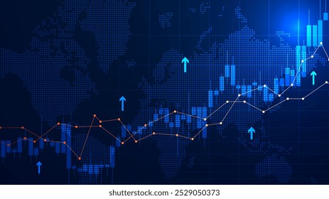 Ilustração de um mercado de ações em ascensão. Gráfico de barras financeiras, castiçal, dados de ligação e gráfico de inclinação para cima em um fundo de mapa mundial. Melhoria das informações de negócios e dos dados de crescimento econômico