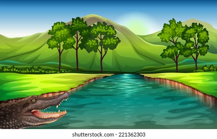 Illustration of a river with an alligator