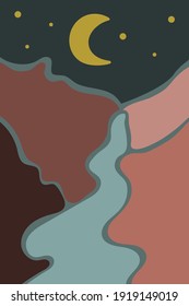 Illustration of a river among mountains, plains and hills at night among the moon and stars in the dark sky. Night nature banner in flat boho style. Vector abstract art, landscape minimalist poster.