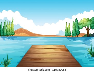 illustration of river and bench in a beautiful nature