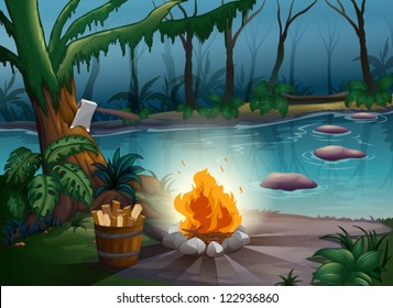 illustration of a river and camp fire in a scary jungle