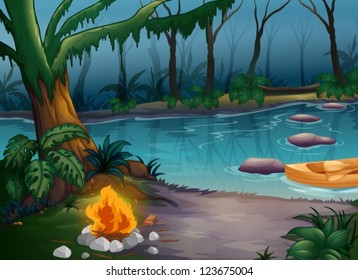 Illustration Of A River And A Camp Fire In A Scary Jungle