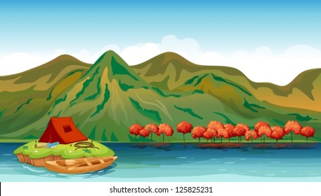 Illustration of a river and a camping tent