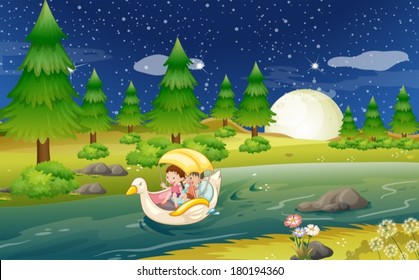 Illustration of a river with a floating boat with kids