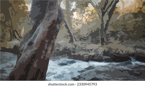 Illustration of a river flowing in the forest