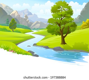 An illustration of a river flowing through mountains, hills and through scenic green fields