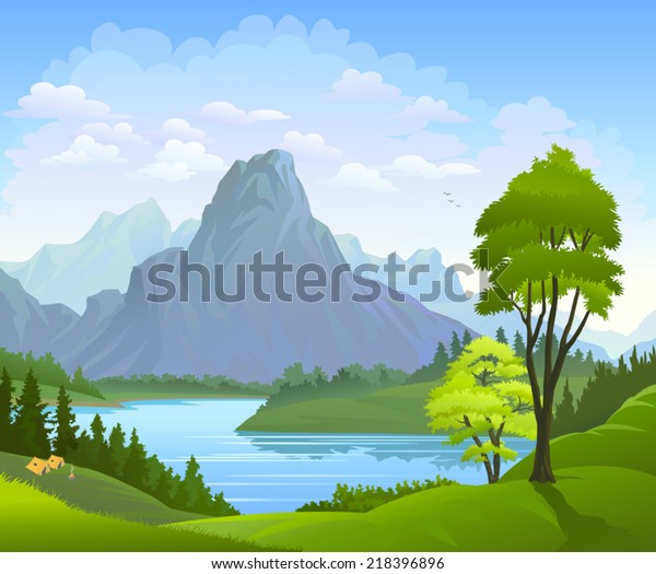 Illustration River Flowing Through Mountains Fields Stock Vector (Royalty Free) 218396896