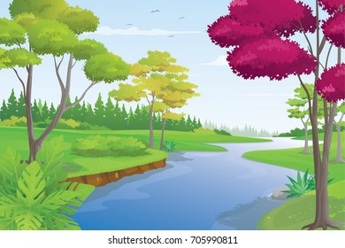 Illustration River Flowing Trough Beautiful Forestscenery Stock Vector ...