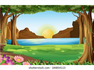 Illustration of a river and forest