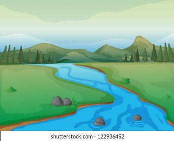 Illustration of a river, a forest and mountains