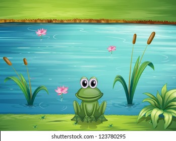 Illustration of a river and a frog in a beautiful landscape