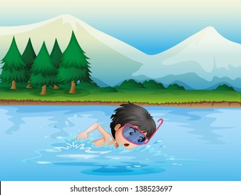 Illustration of a river with a kid swimming