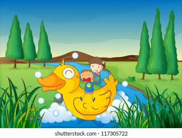 illustration of a river and kids in a beautiful nature