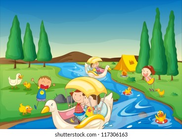 illustration of a river and kids in a beautiful nature