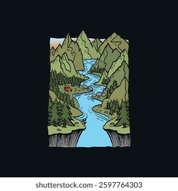Illustration of the river life camp in the middle of the forest