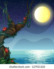 Illustration of a river and a moon in a dark night