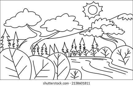 Illustration of river and mountain landscape. Suitable for children coloring book.