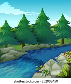 Illustration of a river with pine trees alongside