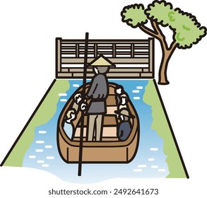 Illustration of river rafting in Yanagawa, Fukuoka, Japan
(Color)