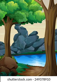 Illustration eines durch den Wald fließenden Flusses