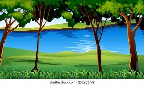 Ilustración de un río que atraviesa el bosque