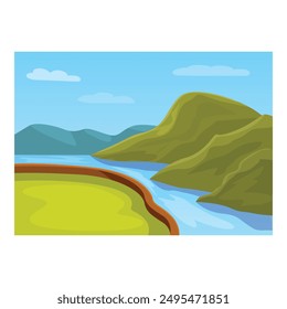 Illustration of a river running through a green meadow surrounded by mountains, on a sunny day with blue sky and clouds