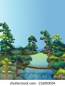 Illustration of a river scene with a bridge