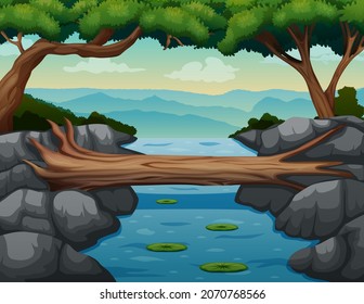 Ilustración de la escena del río con un puente de troncos
