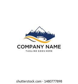Illustration of river that flows in the middle of the mountains for travel company sign logo