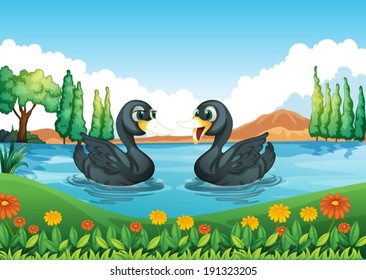 Ilustración de un río con dos patos