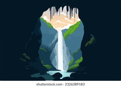 illustration of river with waterfall seen from a cave made to illustrate world water day
